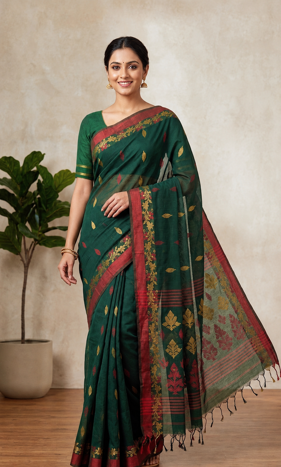 Deep Green Cotton Handloom Saree