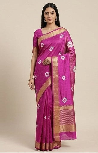 pink bandhani chiffon silk saree with golden zari border | designer ethnic saree for wedding & festive wear