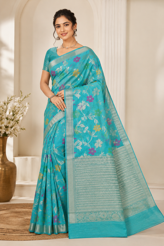 elegant aqua blue linen silk saree with floral zari weaving