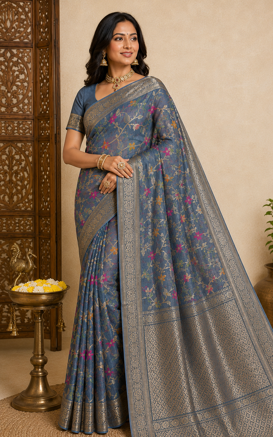 elegant steel grey linen silk saree with floral zari weaving