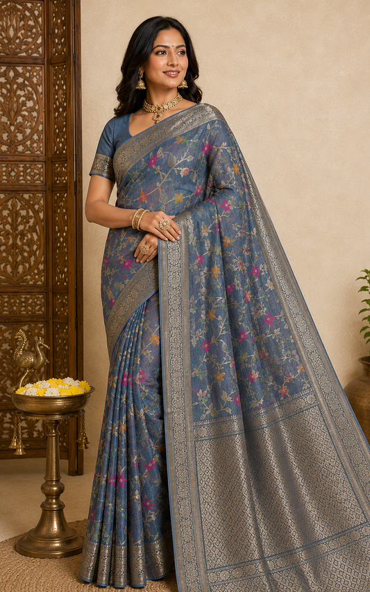 elegant steel grey linen silk saree with floral zari weaving