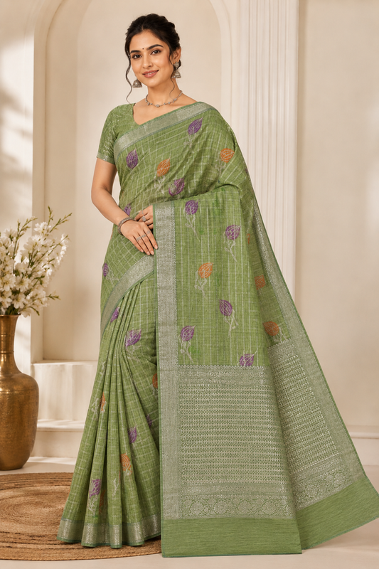 elegant pastel green linen silk saree with floral zari weaving