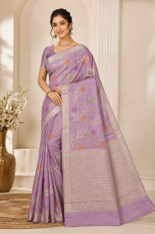 elegant lavender linen silk saree with floral zari weaving