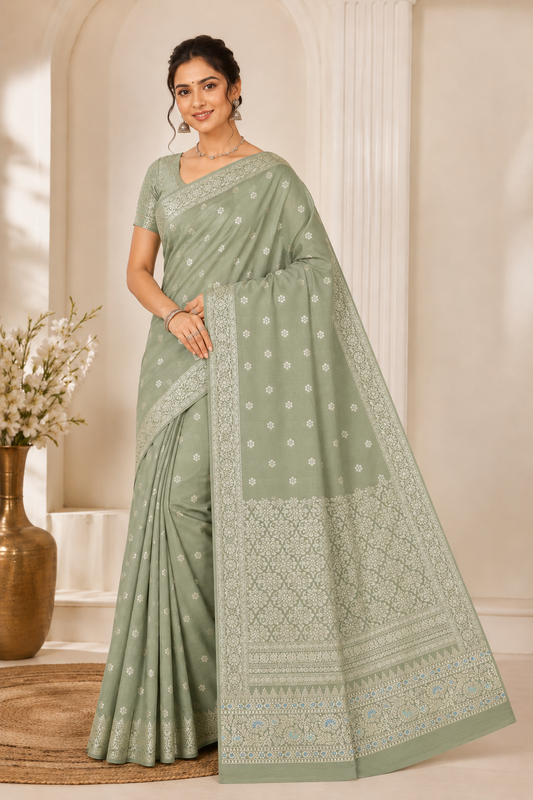 elegant sage green katan silk saree with meenakari zari weaving
