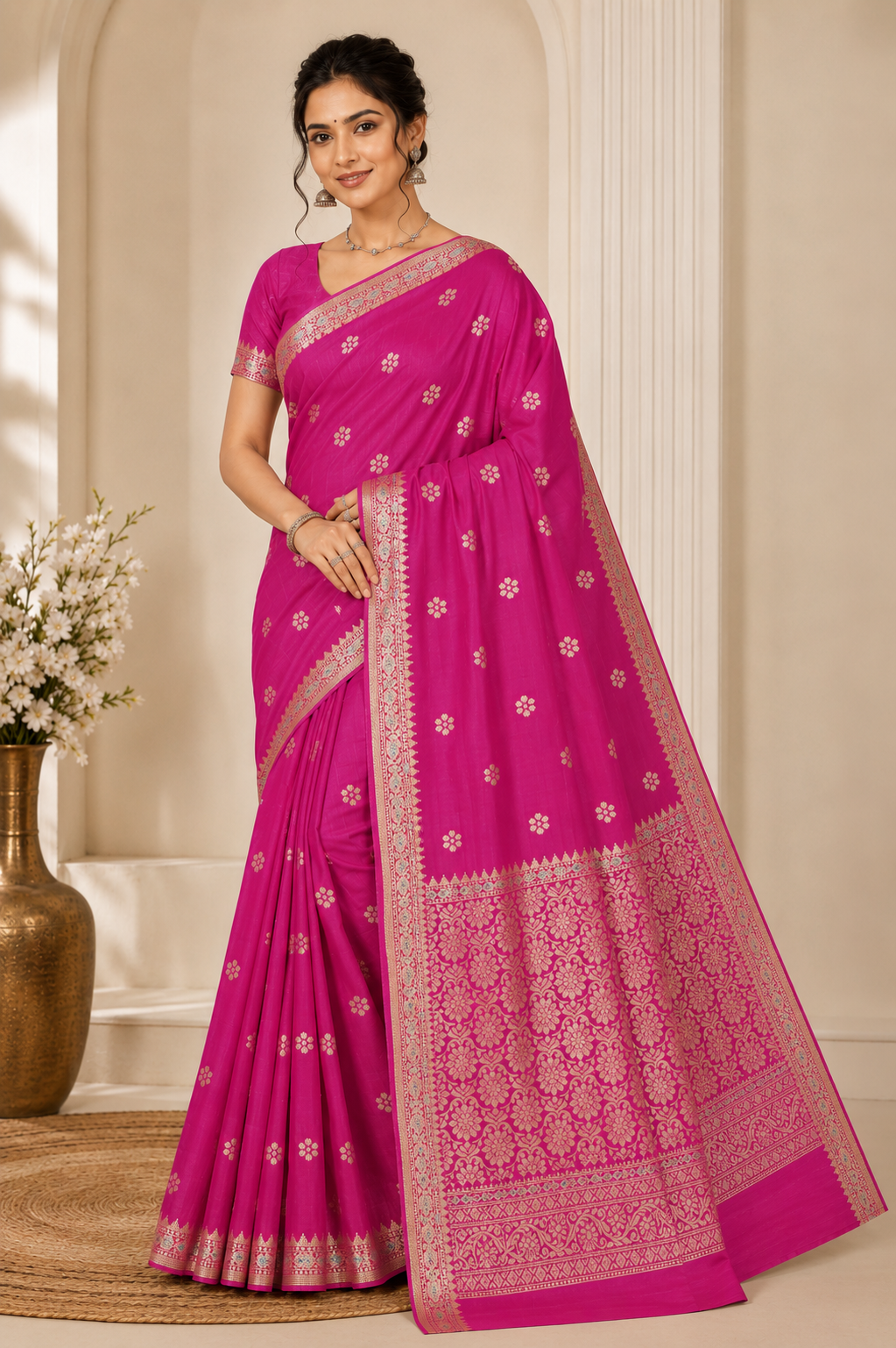 premium deep pink katan silk saree with meenakari zari weaving