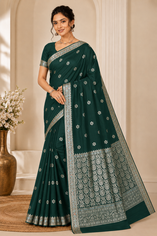 dark green katan silk saree with meenakari zari weaving