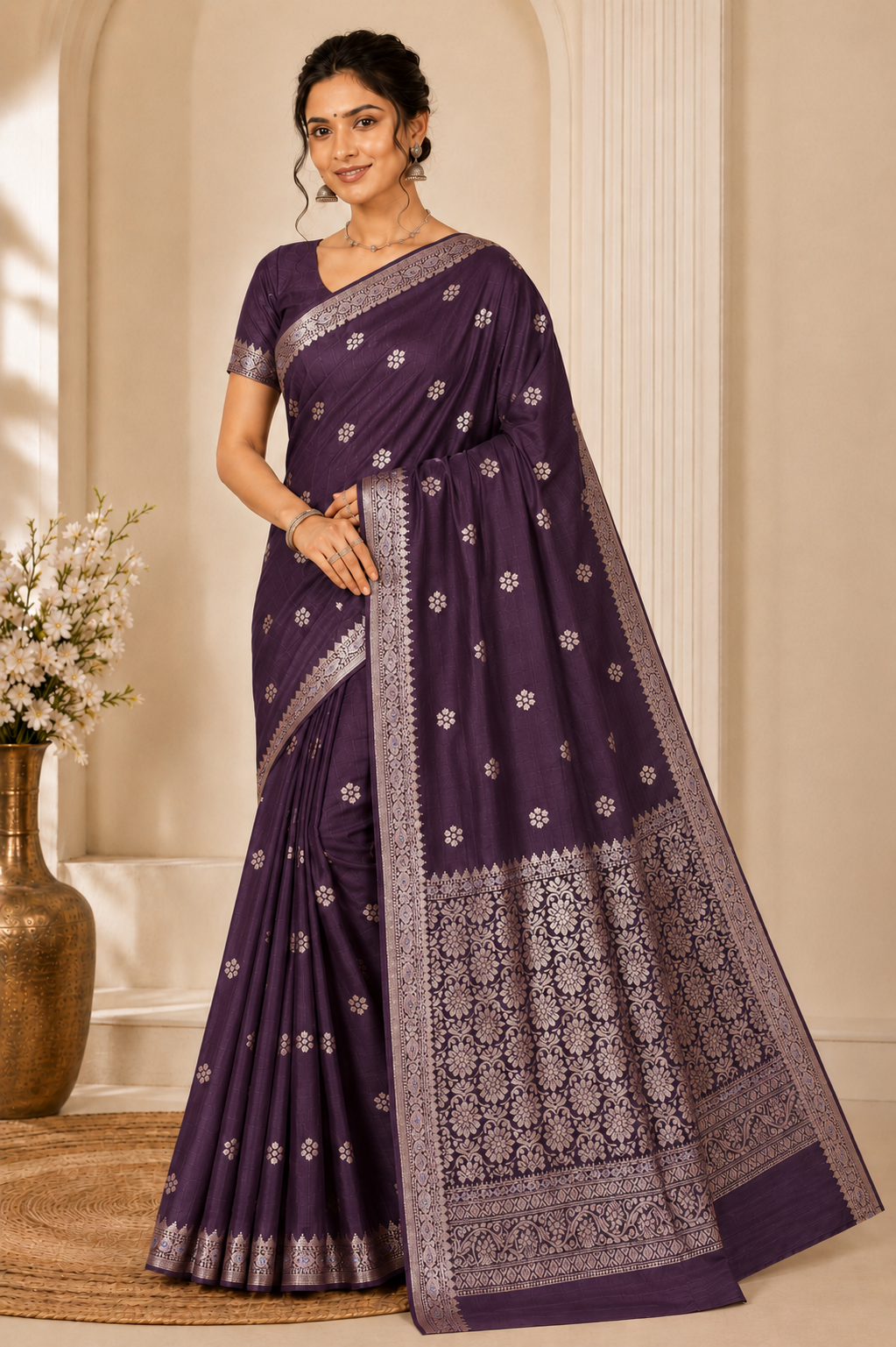 deep wine katan silk saree with silver zari weaving