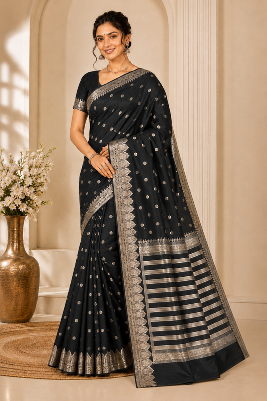 elegant black katan silk saree with gold zari weaving