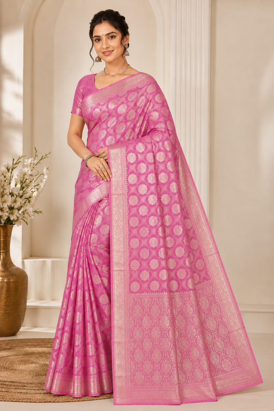 premium linen organza pink saree with elegant woven design