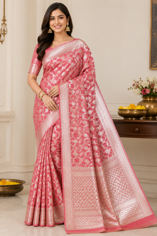 premium linen organza saree with rich zari weaving