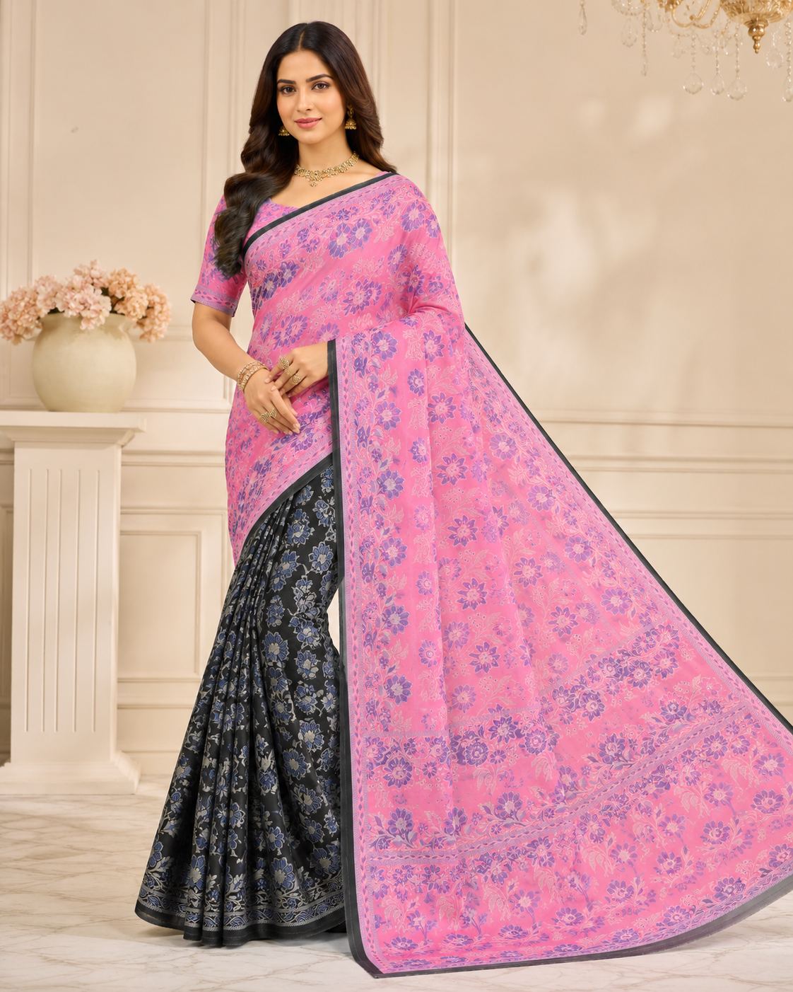 resham patola saree – pink & black floral elegance