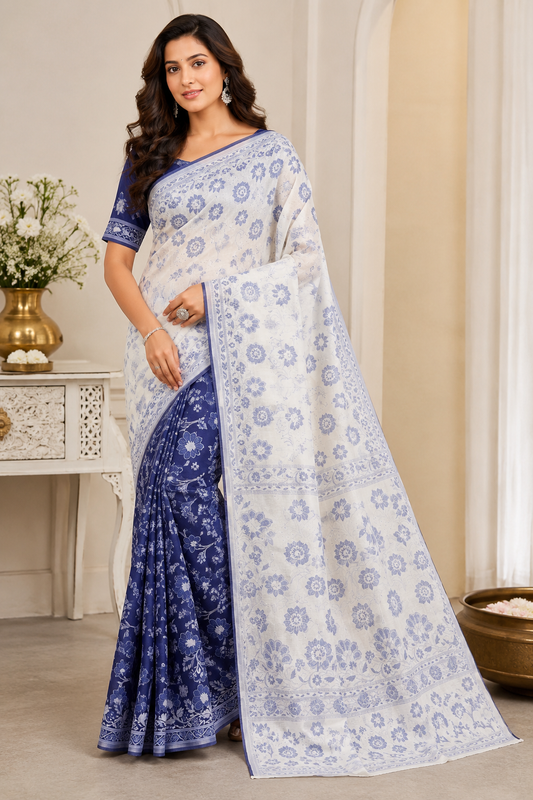 resham patola saree – navy blue & ivory white floral elegance