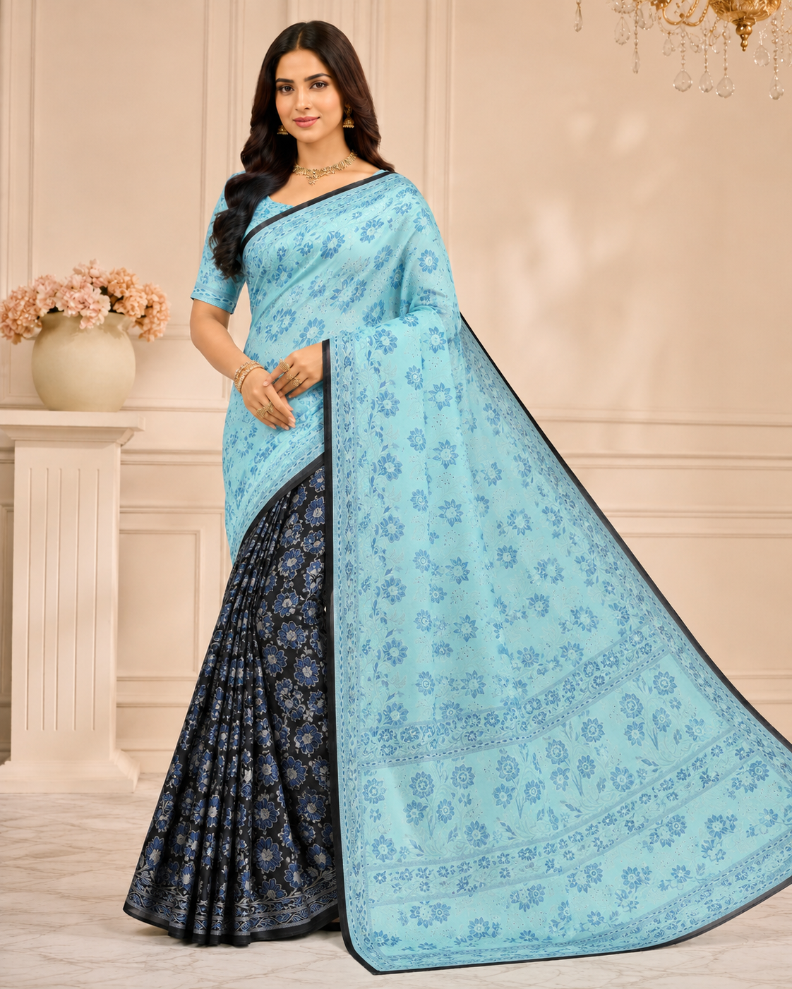 resham patola saree – sky blue & black floral elegance