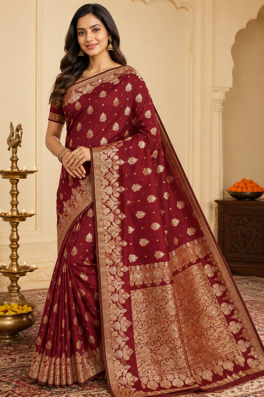 Maroon Cotton Tussar Saree