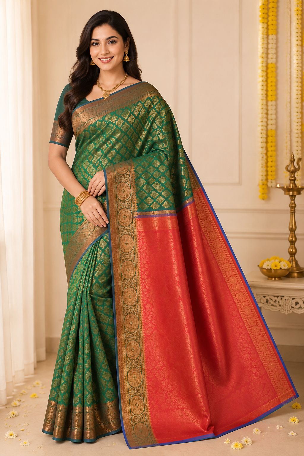 Bottle Green & Royal Red Premium Art Silk / Poly Silk Saree