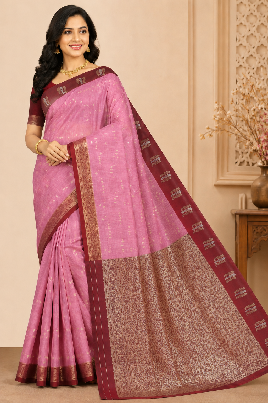 onion pink tussar silk saree