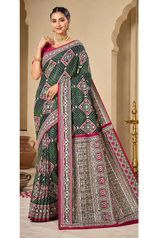 Ajrakh / Modal Mirror Work Saree | Green & Pink Elegance | Traditional Printed Designer Saree for Festive & Wedding Wear