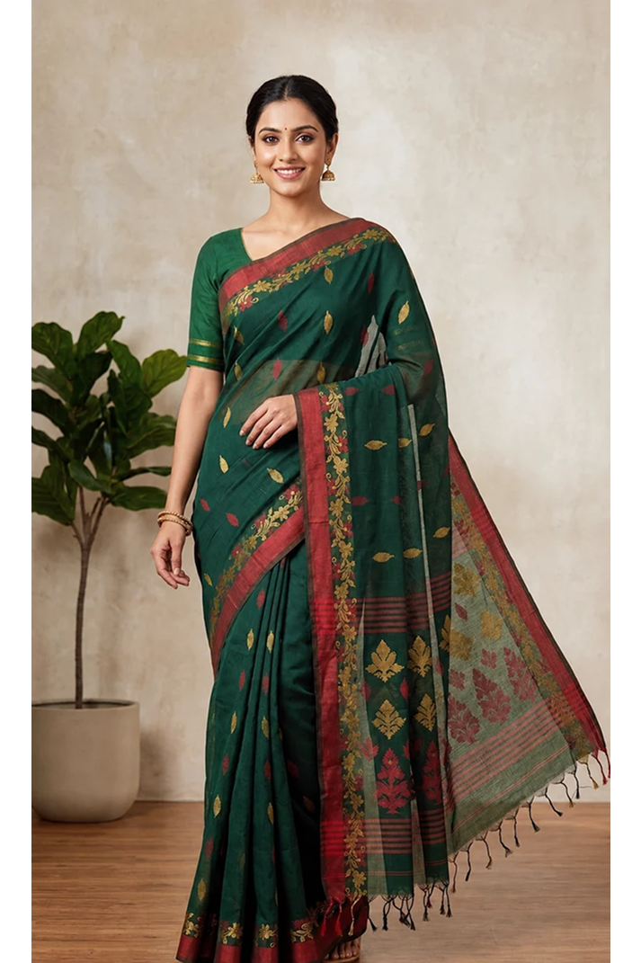 Deep Green Cotton Handloom Saree