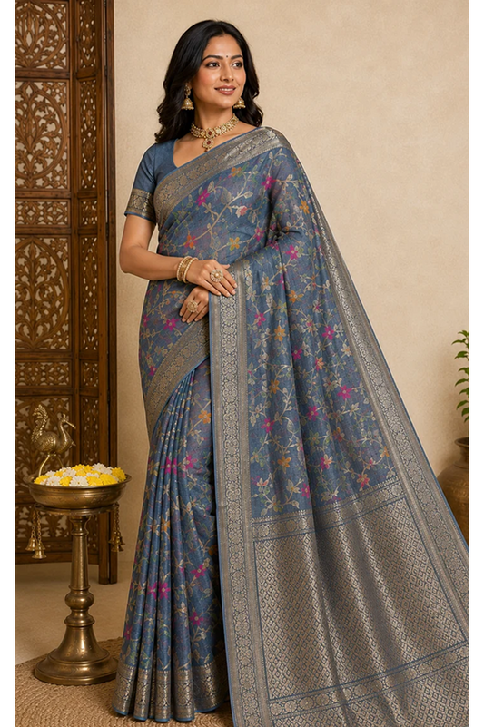 Elegant Steel Grey Linen Silk Saree with Floral Zari Weaving