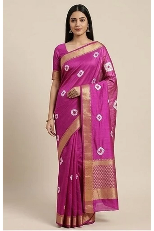 Pink Bandhani Chiffon Silk Saree with Golden Zari Border | Designer Ethnic Saree for Wedding & Festive Wear