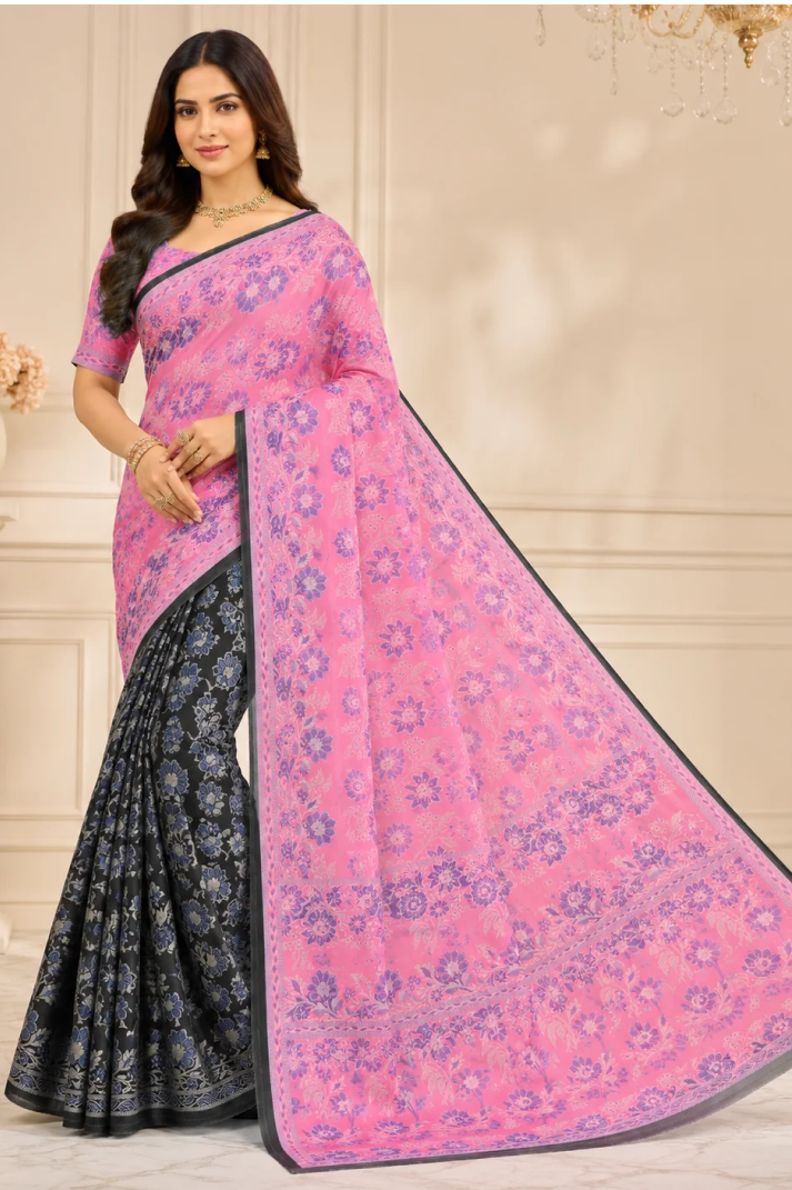 Resham Patola Saree – Pink & Black Floral Elegance