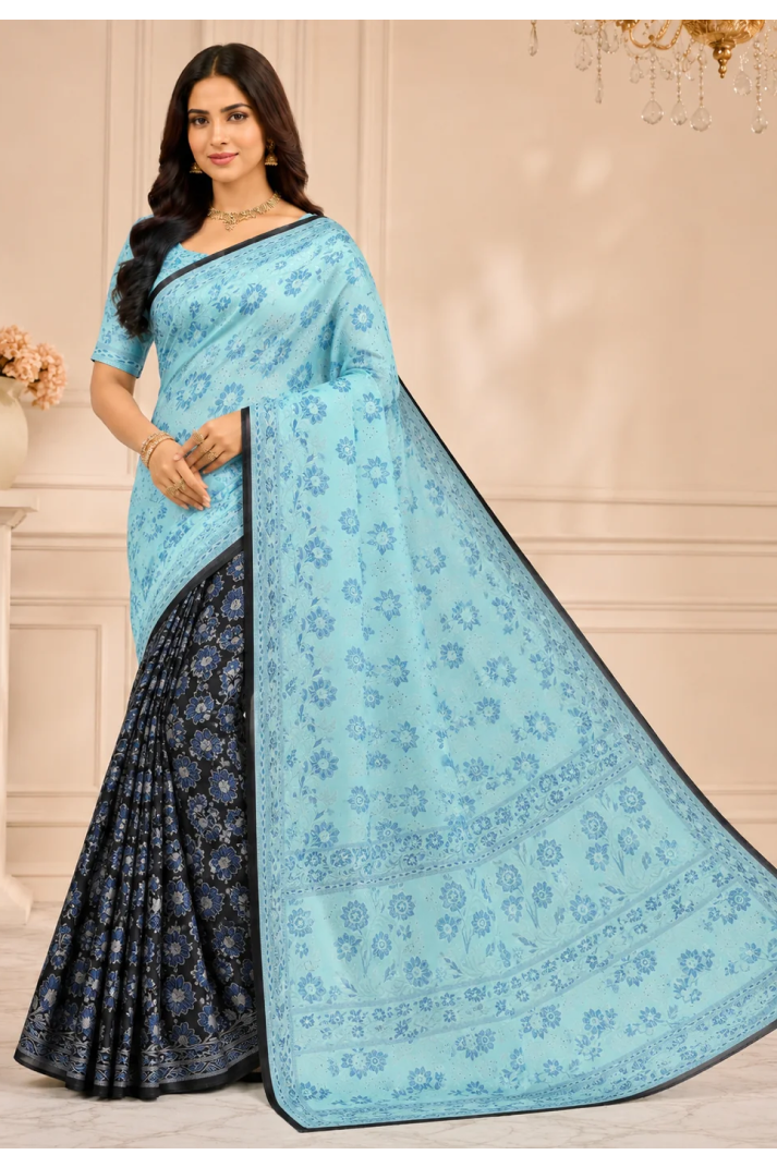 Resham Patola Saree – Sky Blue & Black Floral Elegance