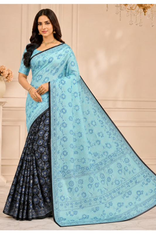 Resham Patola Saree – Sky Blue & Black Floral Elegance