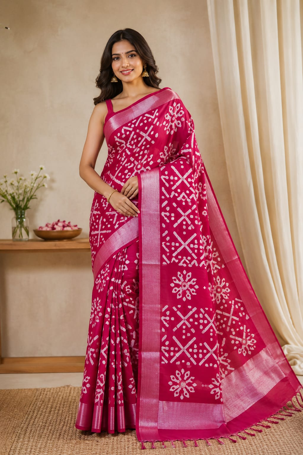 pure handloom cotton saree with geometric bandhani block print, silver zari border and pallu with tassels (magenta pink)