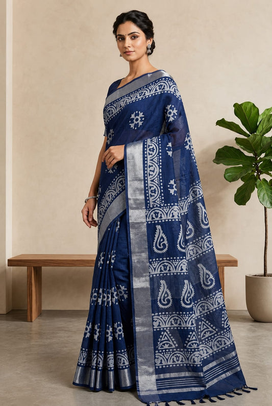Cotton with Satin, Silver Zari Border and Pallu with Tassels (Navy-Blue)