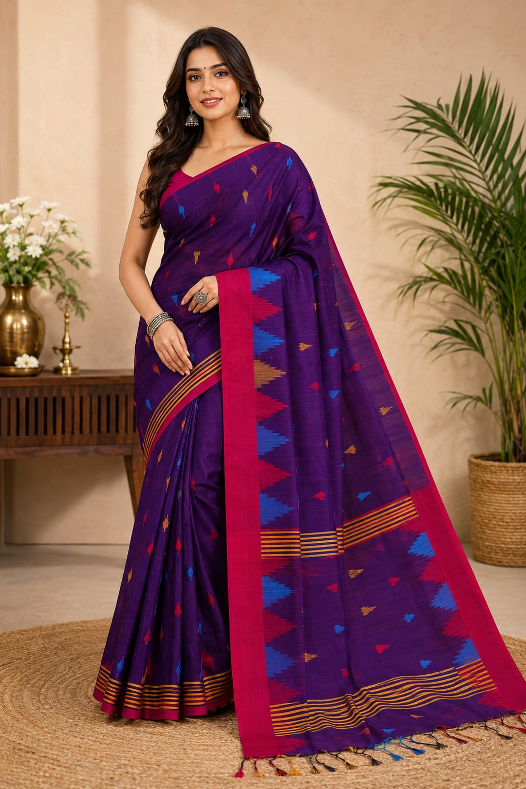 premium cotton handloom saree (magenta pink border accented with a purple and red ikkat inspired temple pattern)