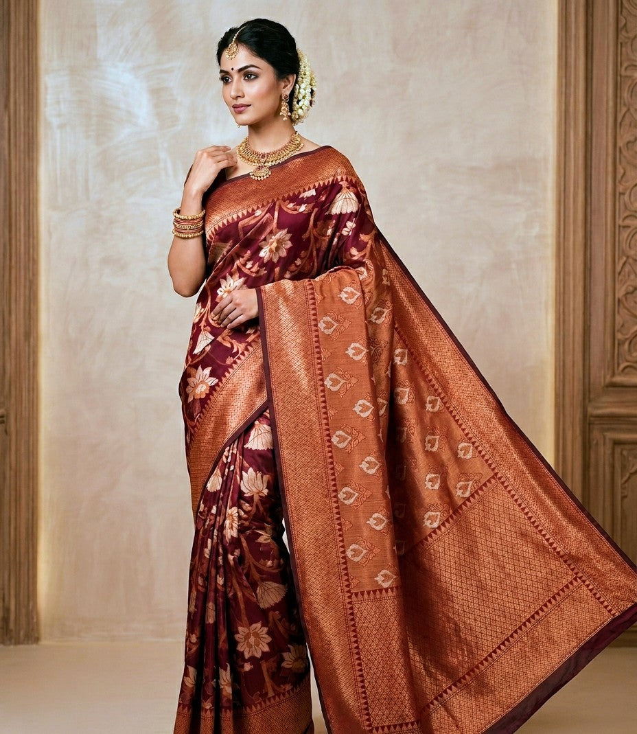 deep maroon organza saree