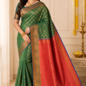 Bottle Green & Royal Red Premium Art Silk / Poly Silk Saree