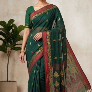 Deep Green Cotton Handloom Saree