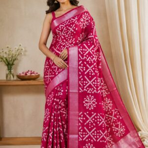 pure handloom cotton saree with geometric bandhani block print, silver zari border and pallu with tassels (magenta pink)