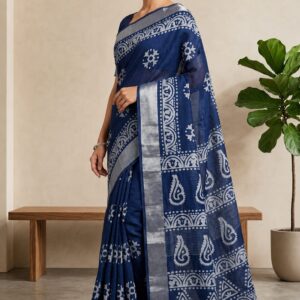 Cotton with Satin, Silver Zari Border and Pallu with Tassels (Navy-Blue)