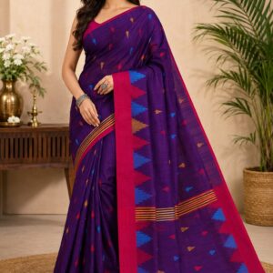 premium cotton handloom saree (magenta pink border accented with a purple and red ikkat inspired temple pattern)
