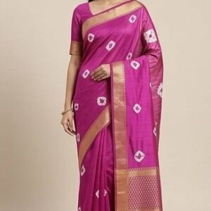 pink bandhani chiffon silk saree with golden zari border | designer ethnic saree for wedding & festive wear