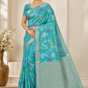 elegant aqua blue linen silk saree with floral zari weaving