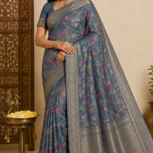 elegant steel grey linen silk saree with floral zari weaving