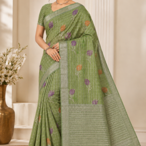 elegant pastel green linen silk saree with floral zari weaving