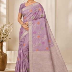 elegant lavender linen silk saree with floral zari weaving