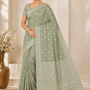 elegant sage green katan silk saree with meenakari zari weaving