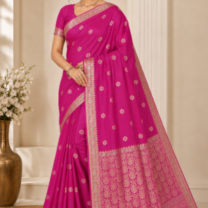 premium deep pink katan silk saree with meenakari zari weaving