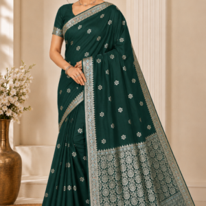 dark green katan silk saree with meenakari zari weaving