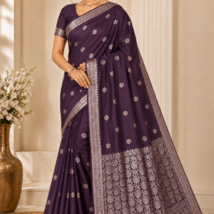 deep wine katan silk saree with silver zari weaving