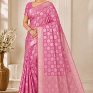 premium linen organza pink saree with elegant woven design