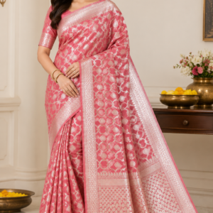 premium linen organza saree with rich zari weaving