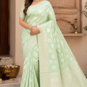elegant mint green linen organza saree with silver zari weaving