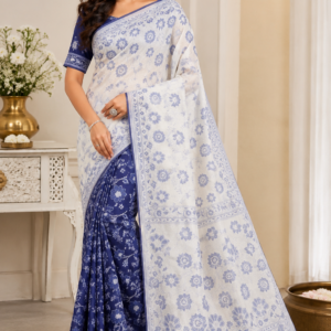 resham patola saree – navy blue & ivory white floral elegance